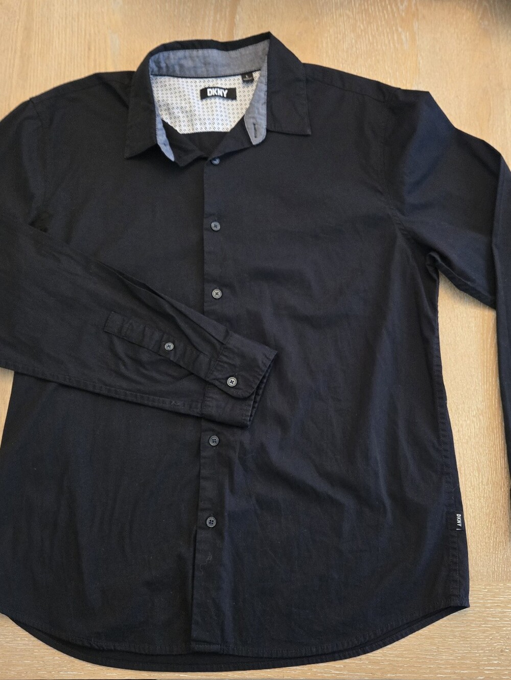 DKNY Men's Black Long-Sleeve Dress Shirt with Contrast Collar Lining
